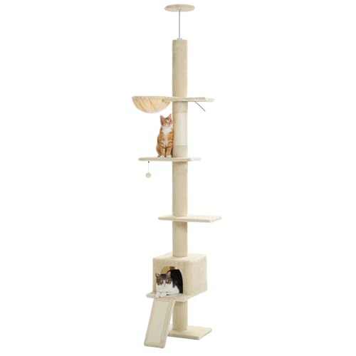Brown Mushroom Cat Tree Adjustable Height with Cat Condo Hammock Scratching Post W53085