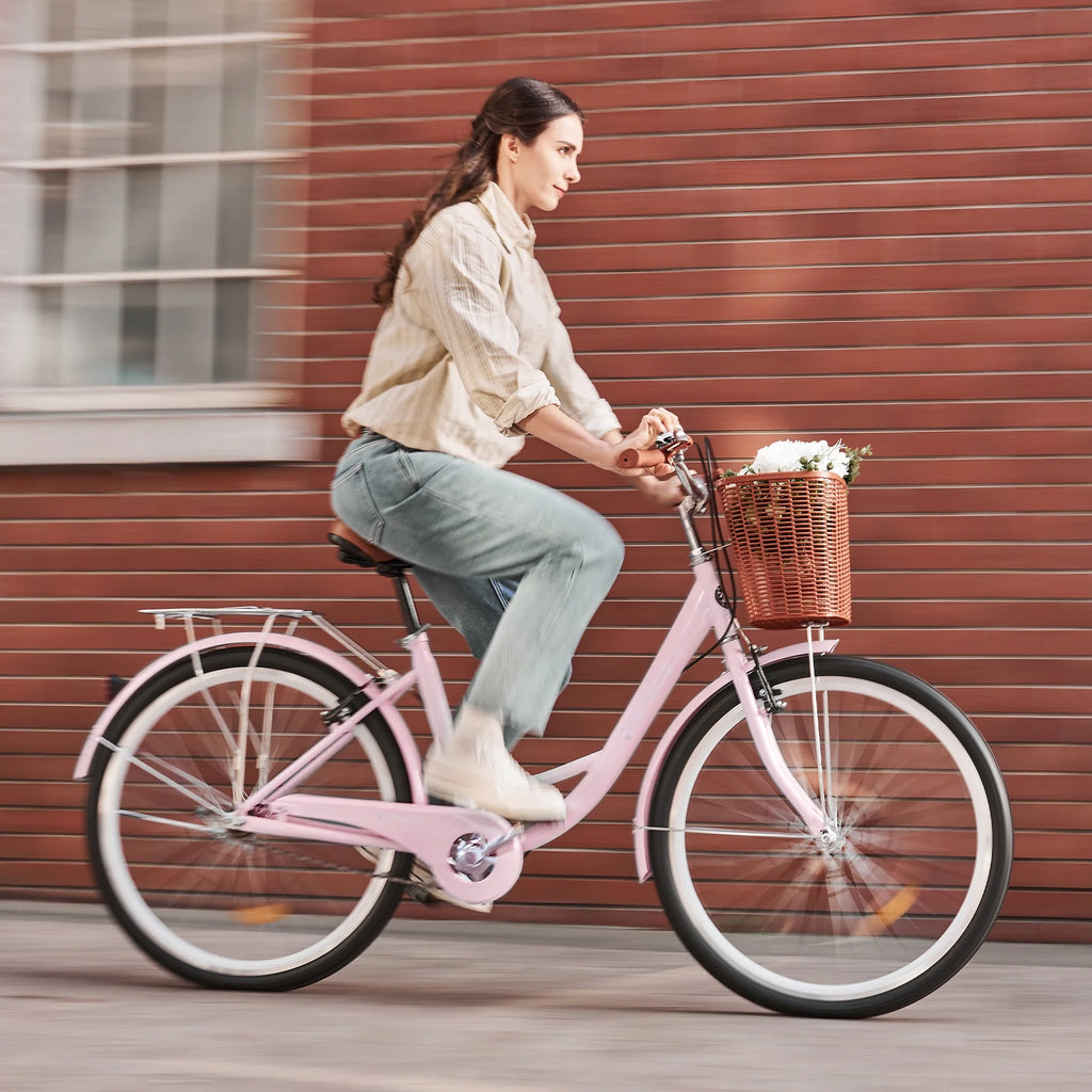 24 Inch City Cruiser Bicycle with Carbon Steel Frame Dual V Brakes Basket Y187509