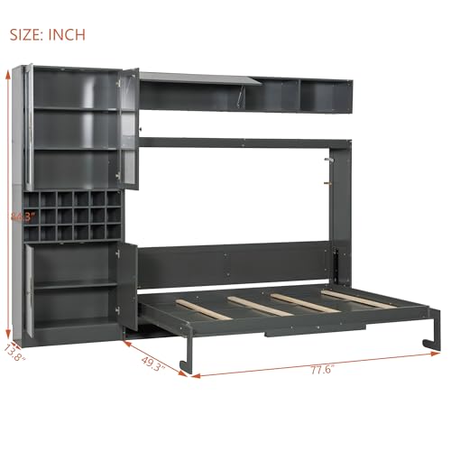 White Wooden Full Size Murphy Bed Frame with Sofa and Storage Shelves W812017