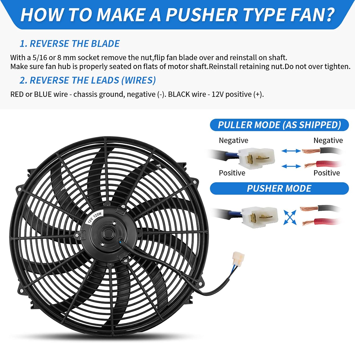Reversible 16 Inch Electric Engine Radiator Cooling Fan with Mounting Kit 2500 CFM 12 Volts 120 Watts Pack of 2 H48079