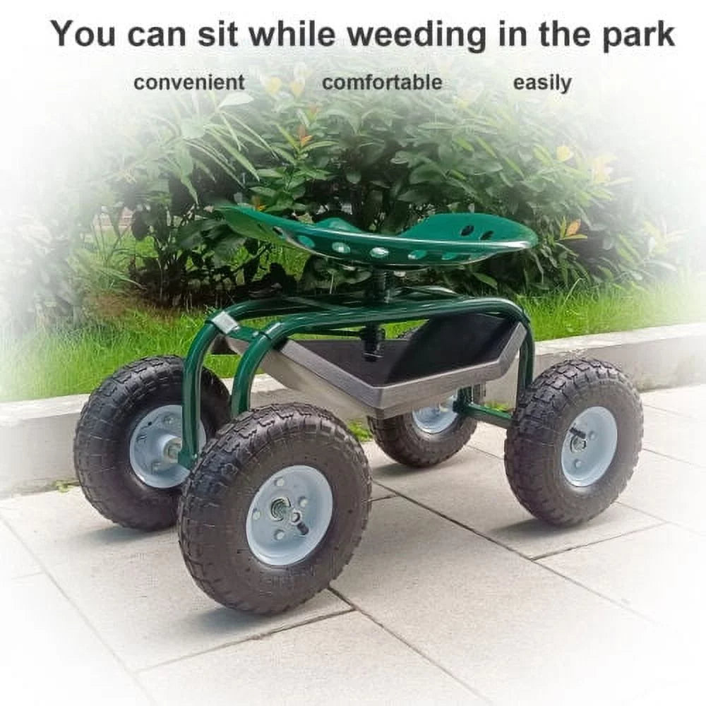 Green Metal Rolling Garden Seat Cart with 4 Wheels J287