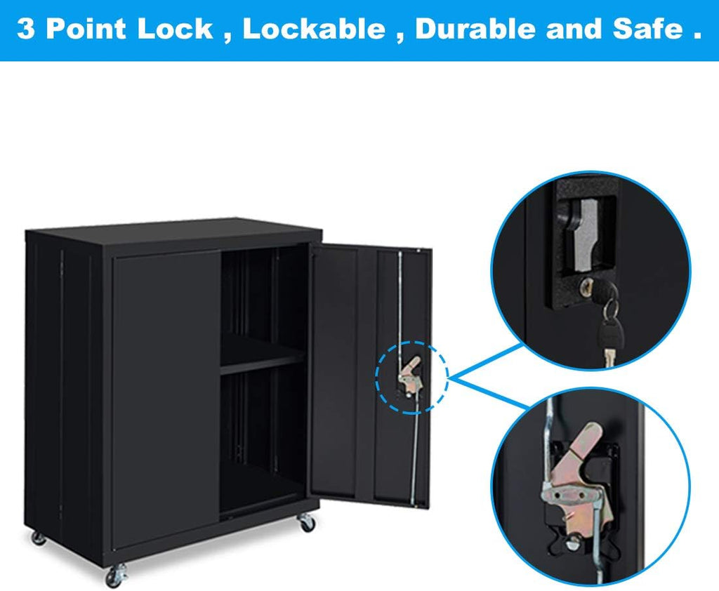 Metal Storage Cabinet with Locking Doors and Wheels, Black B2594