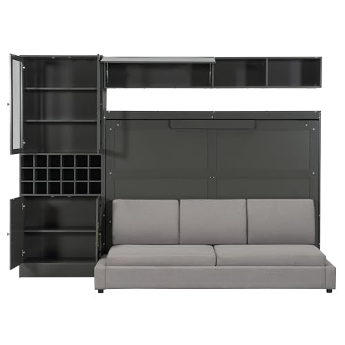 White Wooden Full Size Murphy Bed Frame with Sofa and Storage Shelves W812017