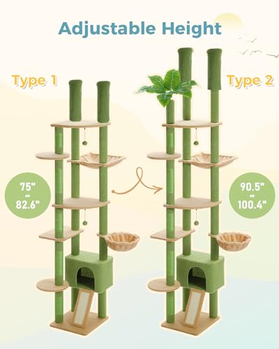 Brown Mushroom Cat Tree Adjustable Height with Cat Condo Hammock Scratching Post W53085