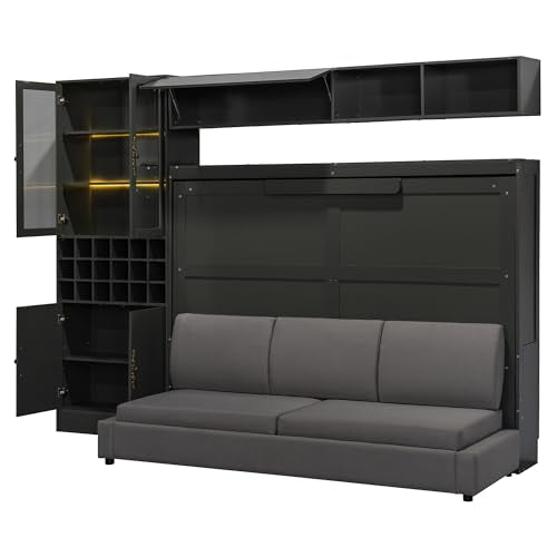White Wooden Full Size Murphy Bed Frame with Sofa and Storage Shelves W812017