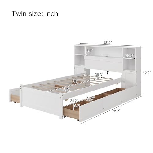 Twin Size Wood Storage Platform Bed with 6 Drawers and Bookcase Headboard E90182