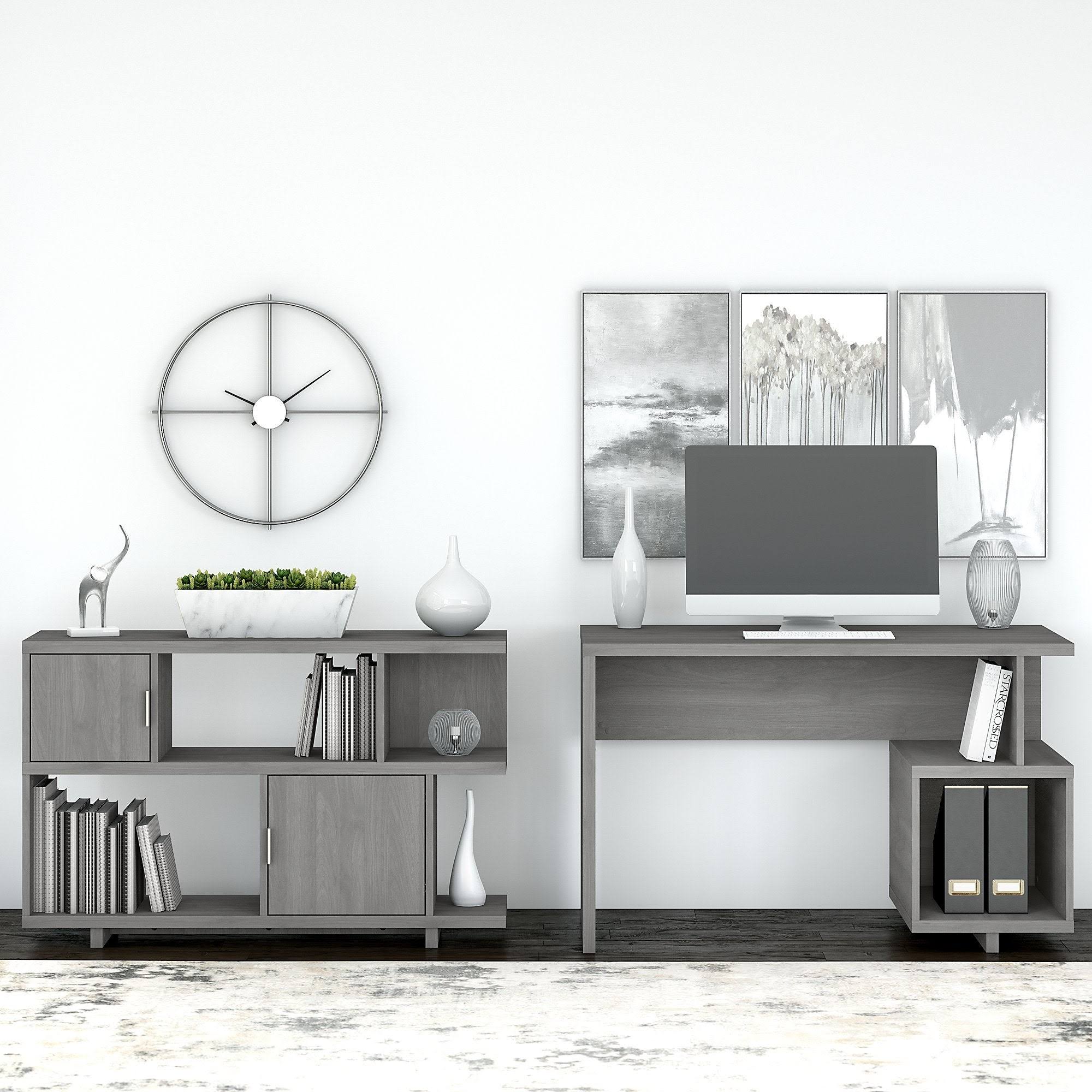 Modern Gray Writing Desk with Low Bookcase M1983