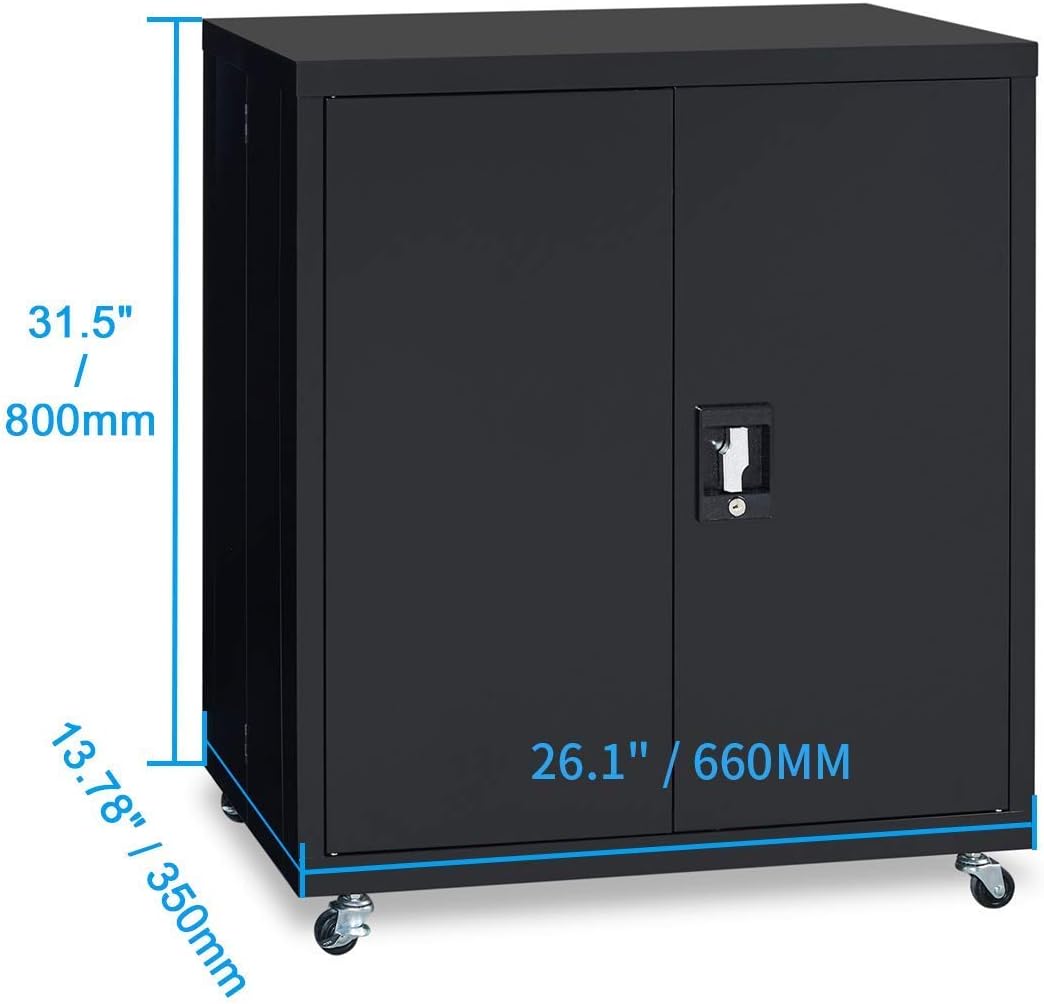 Metal Storage Cabinet with Locking Doors and Wheels, Black B2594