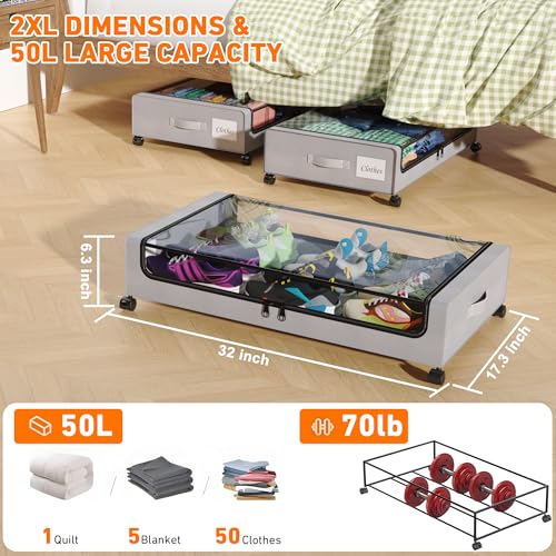 Black 2-Pack 60L Under Bed Storage Containers with Wheels and Clear Lids W38446