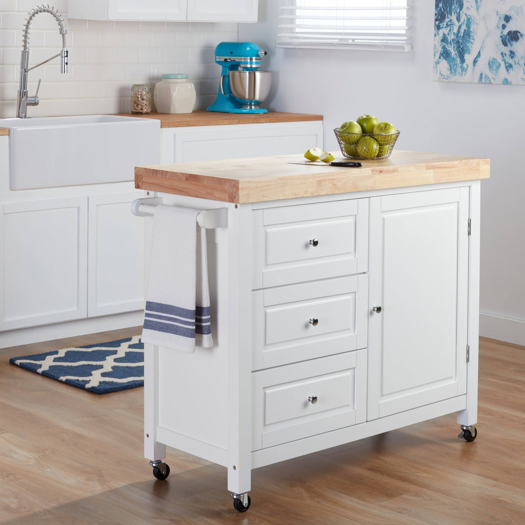 White Rubberwood Kitchen Island Cart X371556