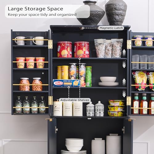 72" Tall Fluted Pantry Storage Cabinet with Adjustable Shelves & Door Racks, Natural Oak V534