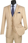 Tan Tuxedo Slim Fit Prom Suit with Vest Trimmed Lapels M9153