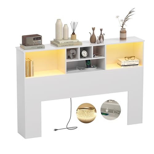 King Size Wooden Headboard with LED Light and Storage Bookcase M359476