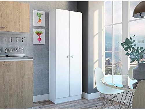 White & Light Oak Kitchen Tall Utility Storage Pantry Cabinet with Metal Handles K917604