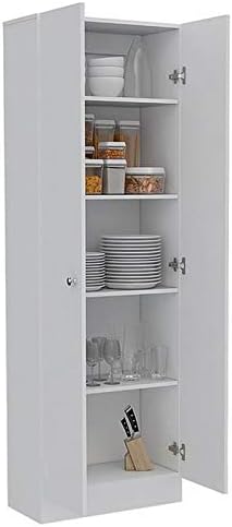 White & Light Oak Kitchen Tall Utility Storage Pantry Cabinet with Metal Handles K917604