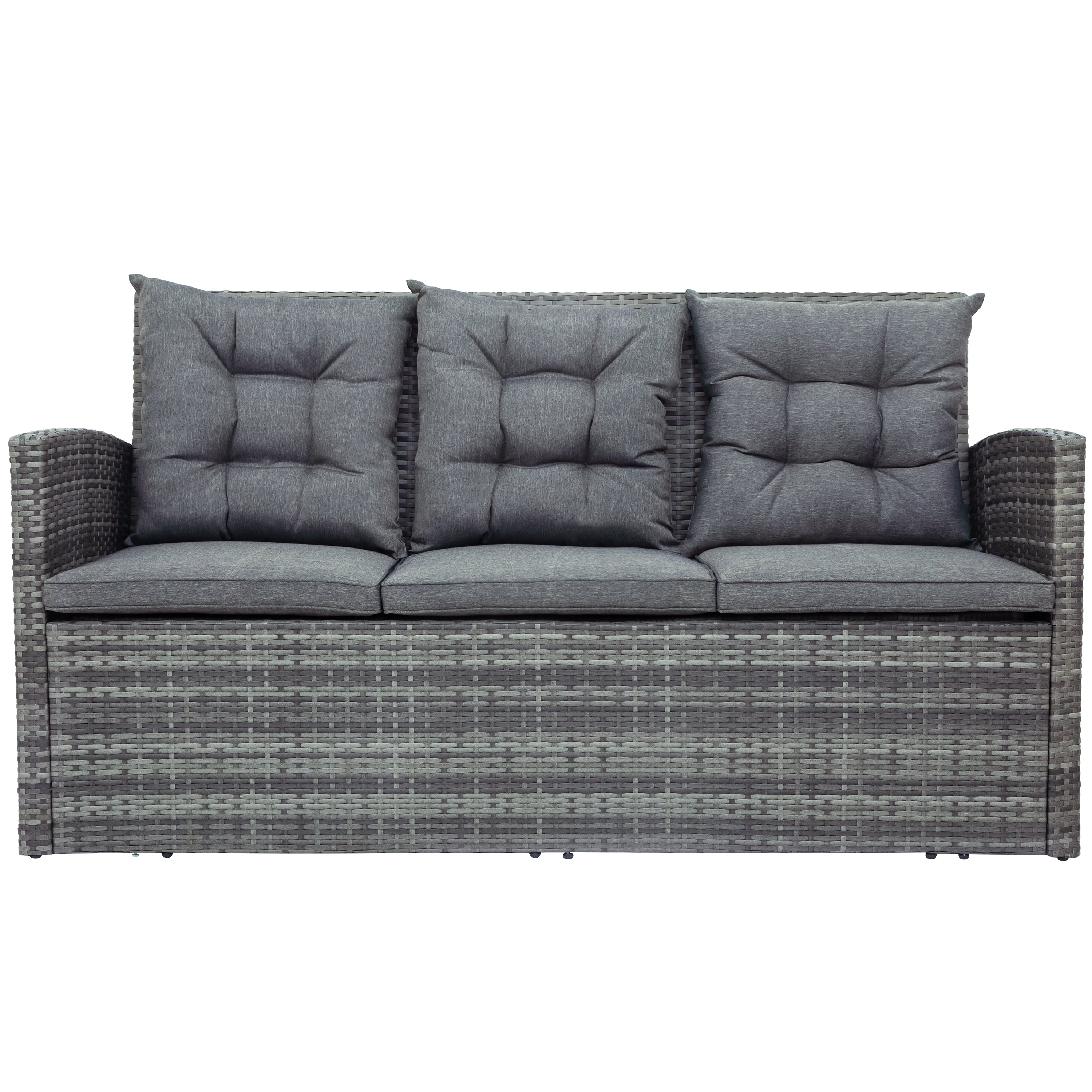 5 Piece Outdoor Patio Furniture Set with Storage Ottoman, 3 Seat Couch & 2 Arm Chairs, PE Wicker Sofa with Tempered Glass Table, Gray D5027