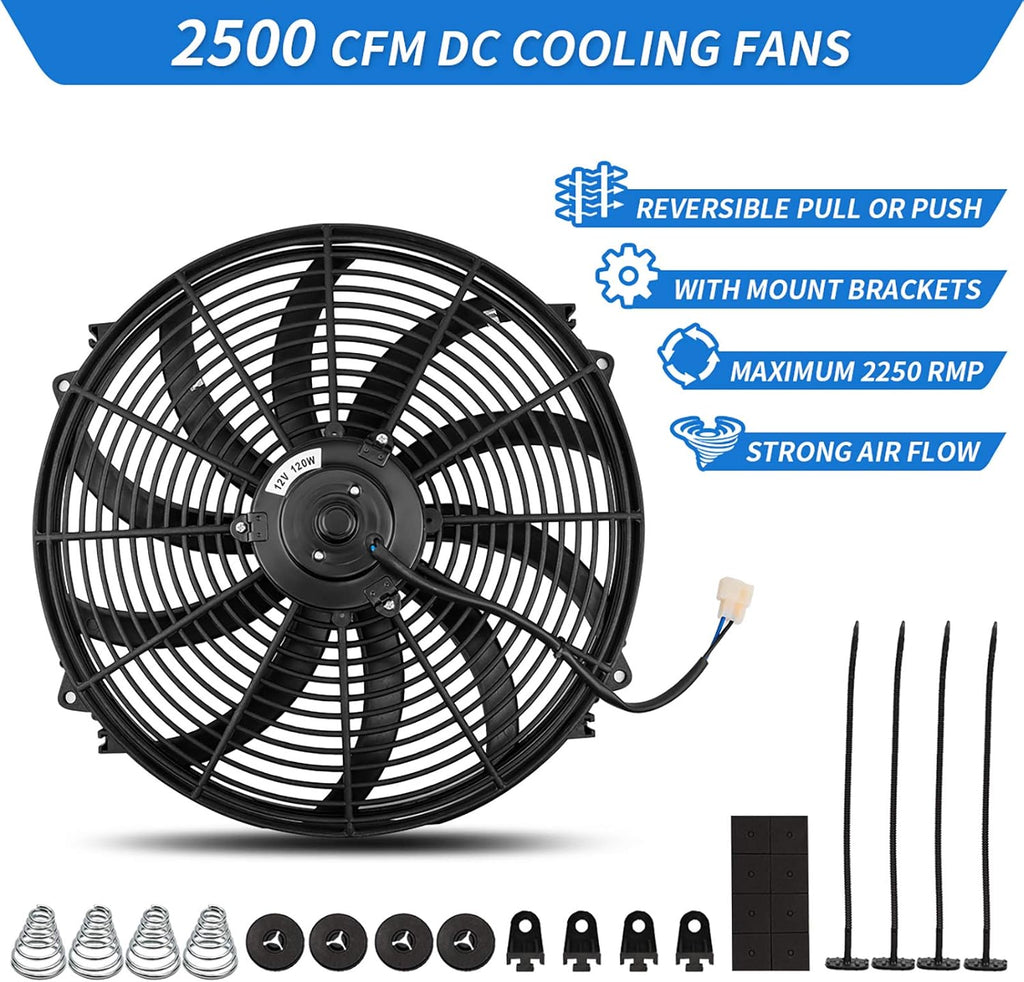 Reversible 16 Inch Electric Engine Radiator Cooling Fan with Mounting Kit 2500 CFM 12 Volts 120 Watts Pack of 2 H48079