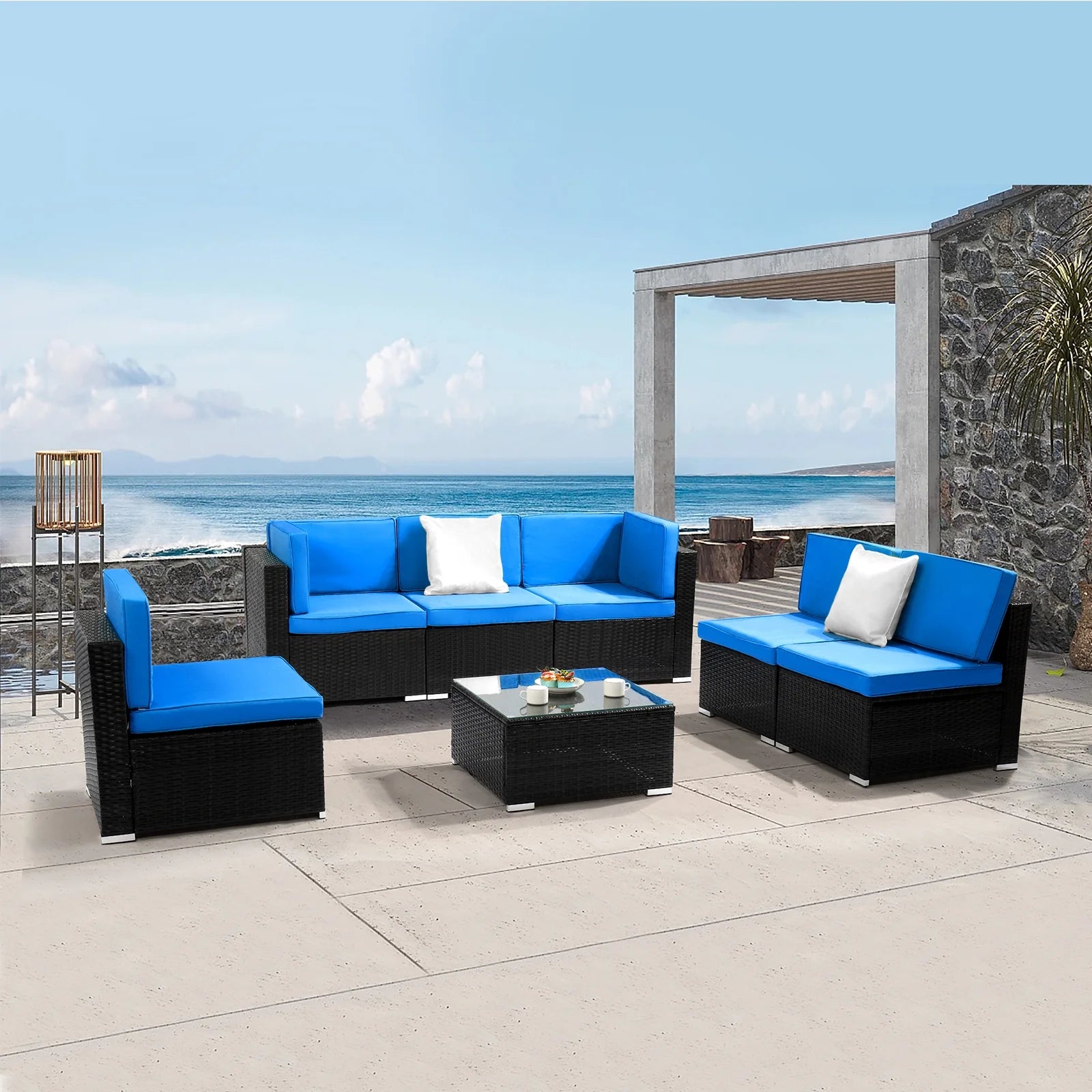 Black Embossed Woven Rattan Sofa Set with 2 Middle Sofas, 4 Single Sofas, 1 Coffee Table X661
