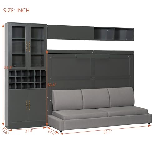 White Wooden Full Size Murphy Bed Frame with Sofa and Storage Shelves W812017