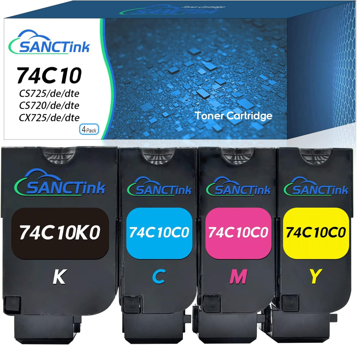 Remanufactured Toner Cartridge Replacement for Lexmark CS725 CX725 CS720 CS720de CS720dte CS725de CS725dte CX725de CX725dte Printer 74C10K0 74C10C0 74C10M0 74C10Y0 (4 Pack) B789