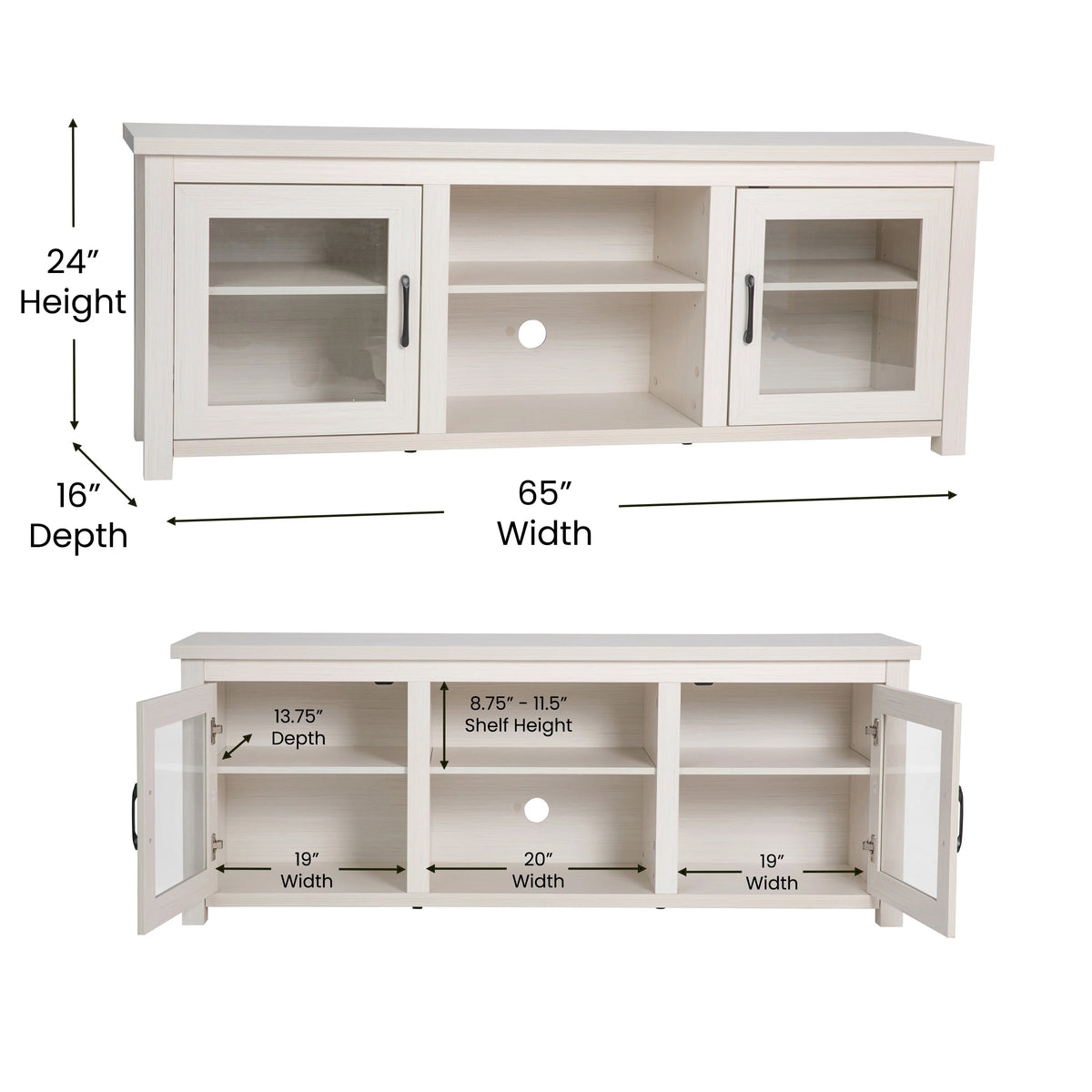 White Wash 65" TV Stand with Glass Doors and 3 Shelves C59293