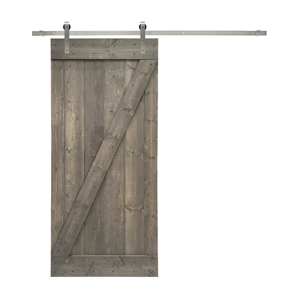 Weather Gray Stained Wood Interior Sliding Barn Door with Hardware Kit U9302