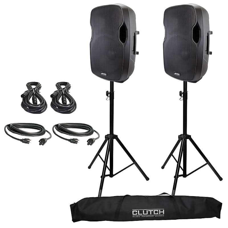 15" Powered DJ PA Speaker Pair with Cables and Stands M5221