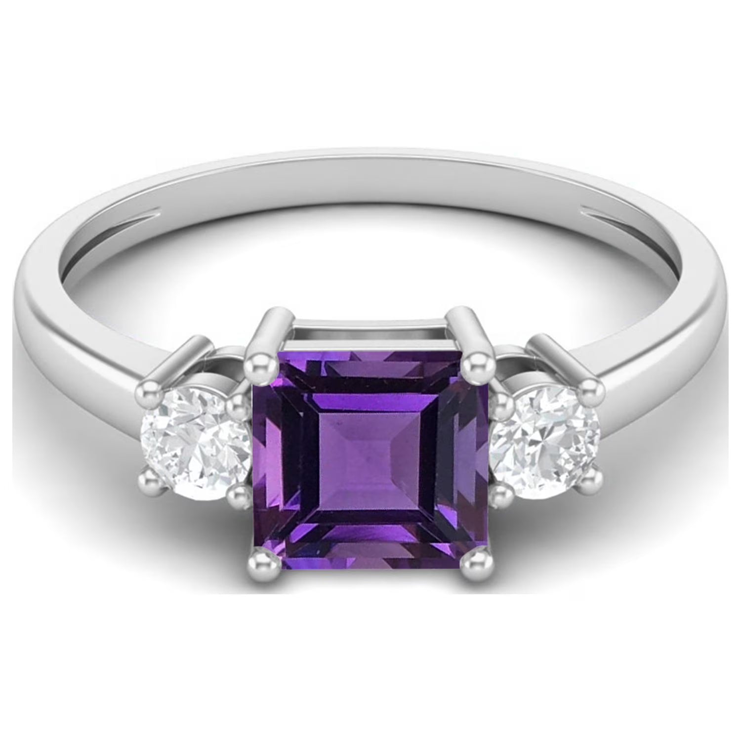 0.95 Ctw Princess Cut Square Amethyst 925 Sterling Silver Trio Stone Ring E206952