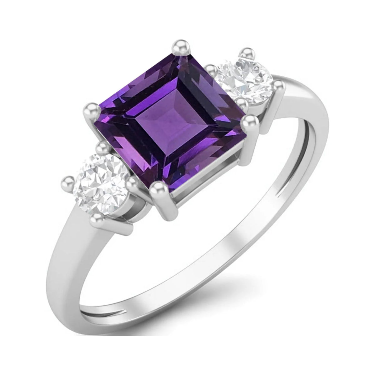 0.95 Ctw Princess Cut Square Amethyst 925 Sterling Silver Trio Stone Ring E206952