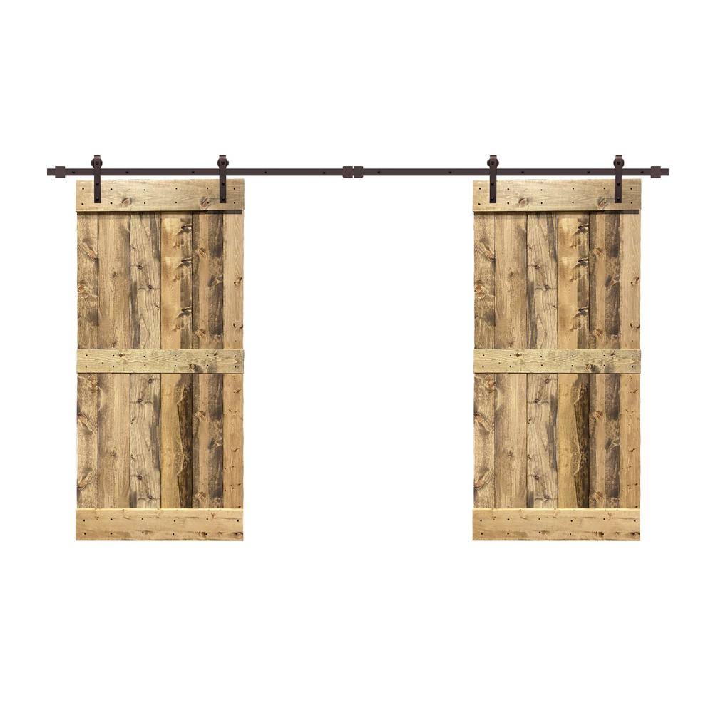 48 in. x 84 in. Weather Oak Stained Solid Pine Wood Interior Double Sliding Barn Door with Hardware Kit X15324