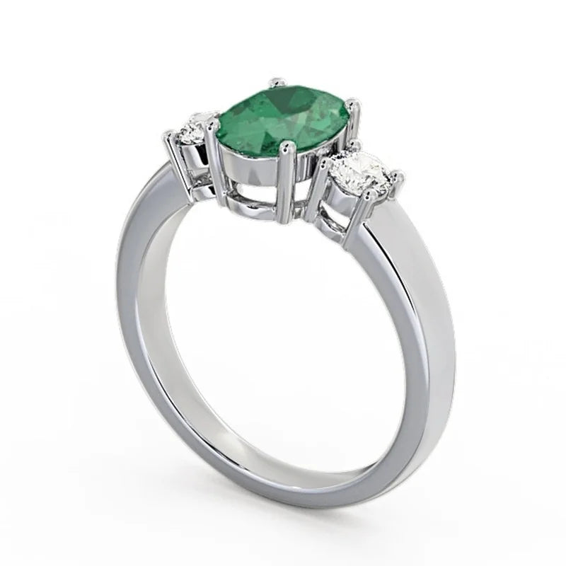 Oval Cut Emerald Three Stone Ring 14K White Gold Size 4 S947
