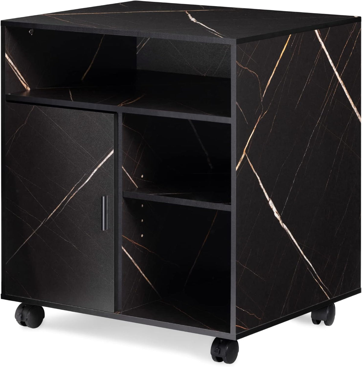 Stone Black Wood Mobile Printer Stand on Wheels with Door P6995