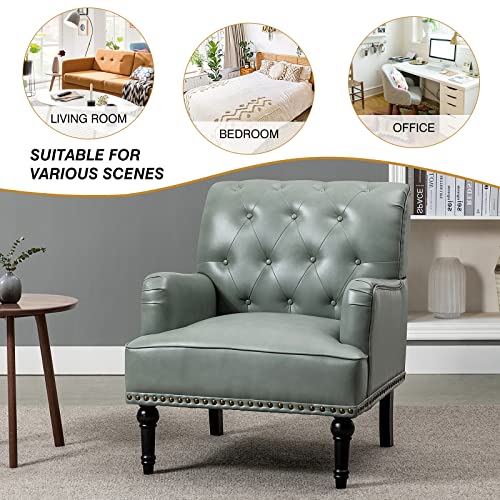 Faux Leather Accent Chair with Button-Tufted Back and Wood Legs V65385