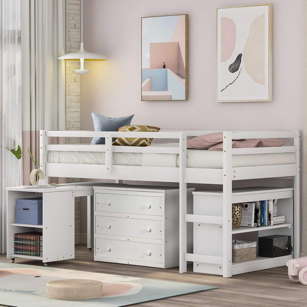 White Twin-Size Low Loft Bed Frame with Ladder Cabinet Desk N2087