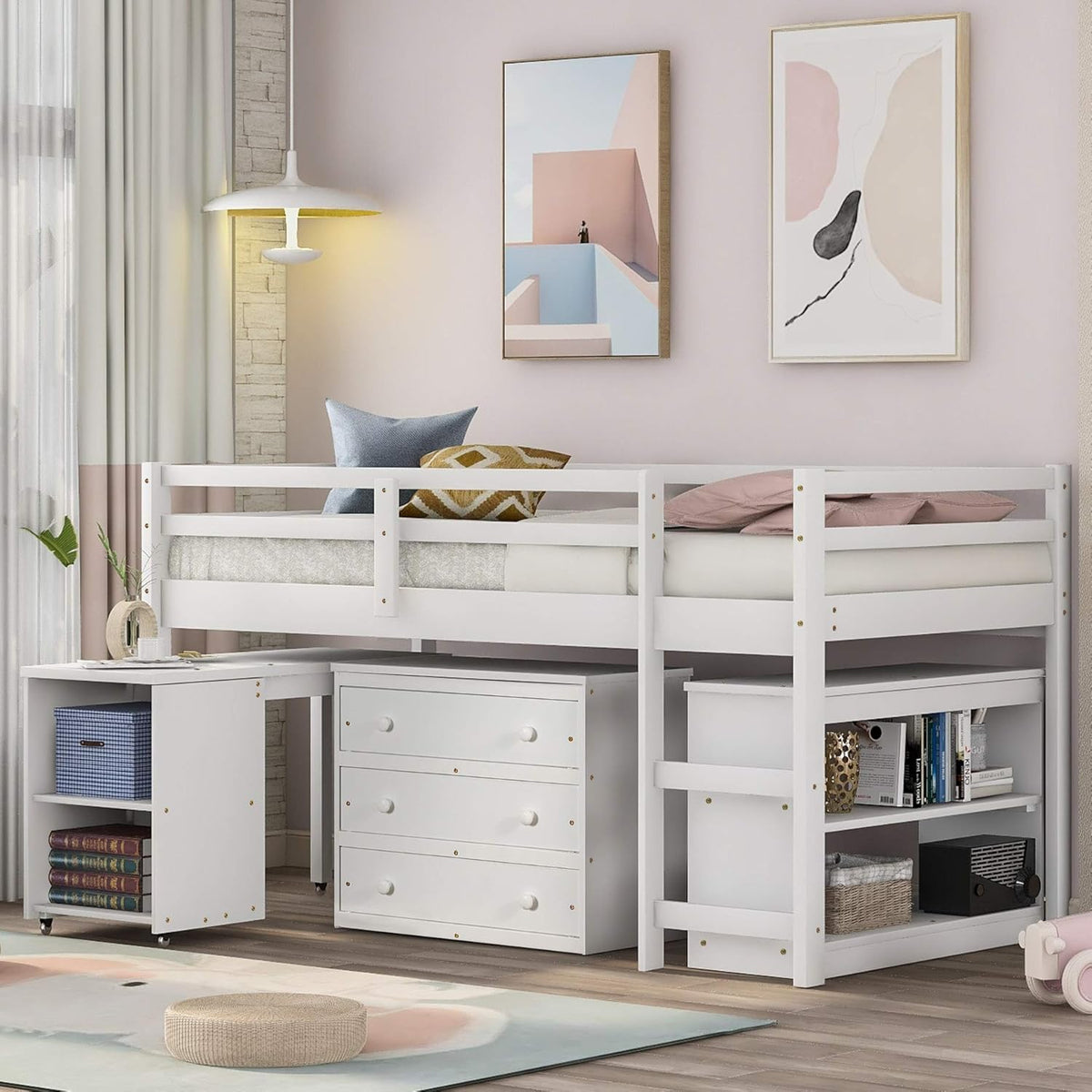 White Twin-Size Low Loft Bed Frame with Ladder Cabinet Desk N2087