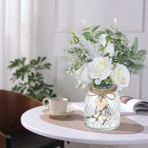 Artificial Flowers with Vase, Silk Hydrangea Flower Bouquet, Faux Flower Arrangement (White) K395567