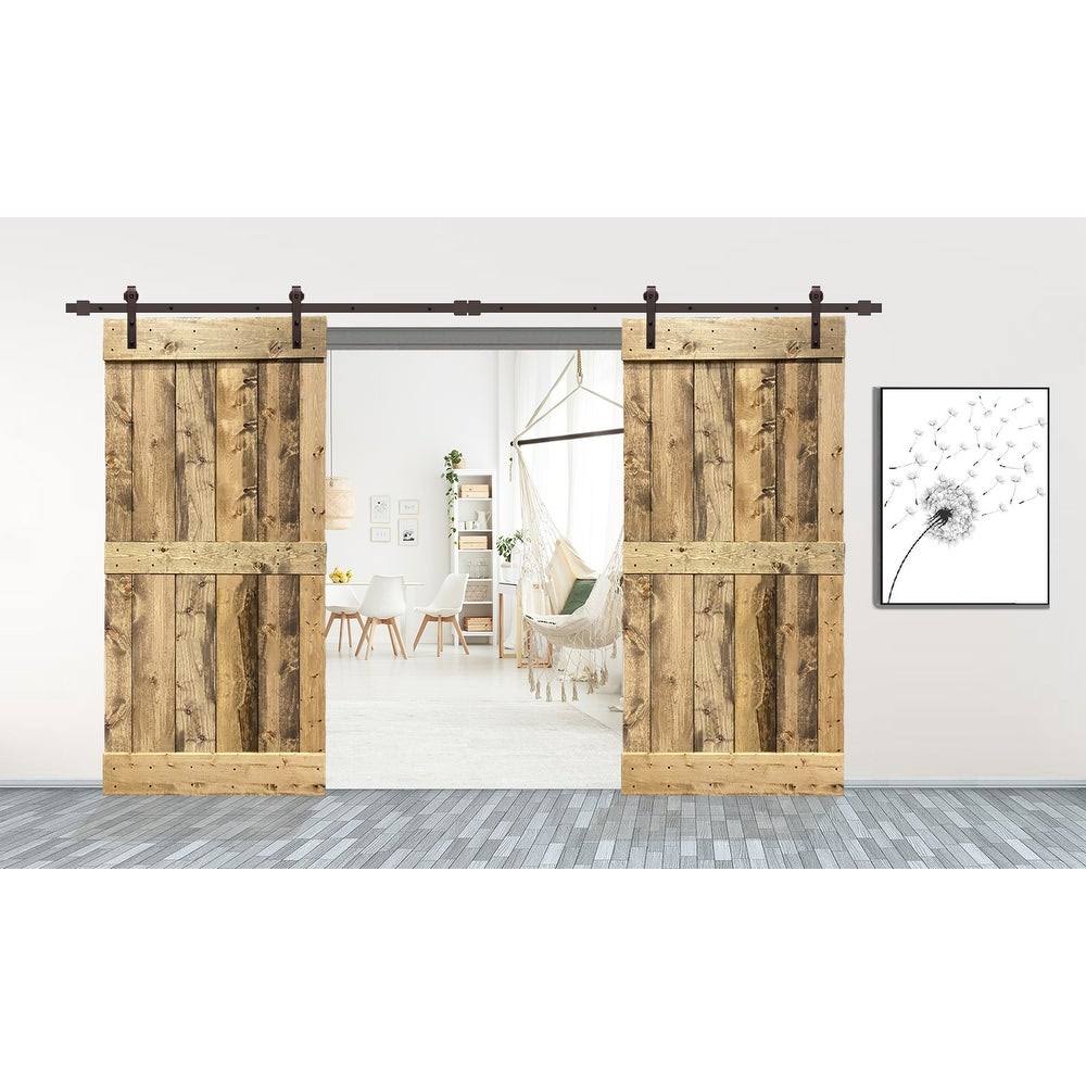 48 in. x 84 in. Weather Oak Stained Solid Pine Wood Interior Double Sliding Barn Door with Hardware Kit X15324
