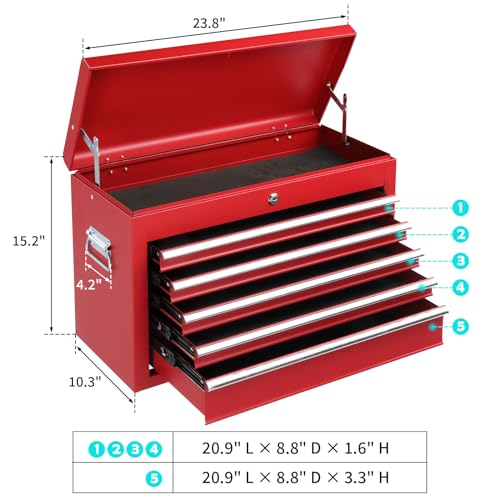 24" Portable Tool Box with 5 Drawers & Top Storage Tray, Lockable Metal Tool Chest D565201