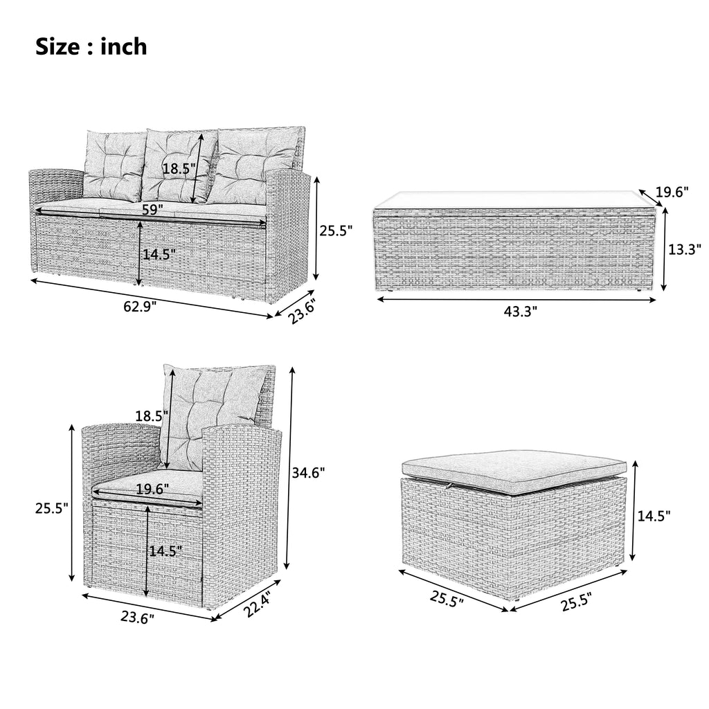 5 Piece Outdoor Patio Furniture Set with Storage Ottoman, 3 Seat Couch & 2 Arm Chairs, PE Wicker Sofa with Tempered Glass Table, Gray D5027