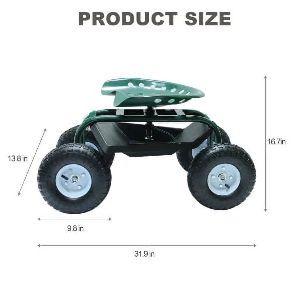 Green Metal Rolling Garden Seat Cart with 4 Wheels J287