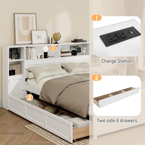 Twin Size Wood Storage Platform Bed with 6 Drawers and Bookcase Headboard E90182
