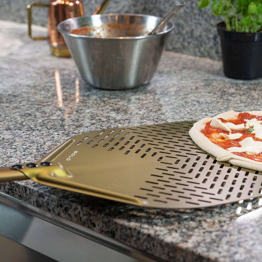 Gold 13x22 Anodized Aluminum Square Perforated Pizza Peel I3253