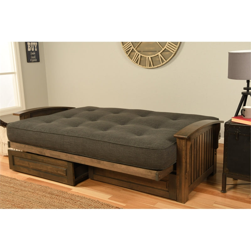 Walnut Futon with Drawers and Linen Gray Mattress Z1322