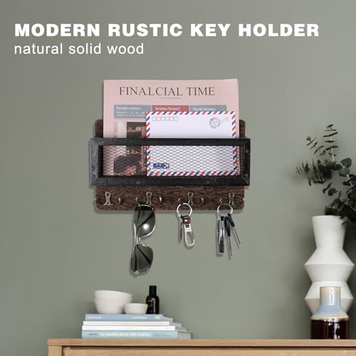 Grey Wooden Wall Key Rack with 4 Double Key Hooks I90309