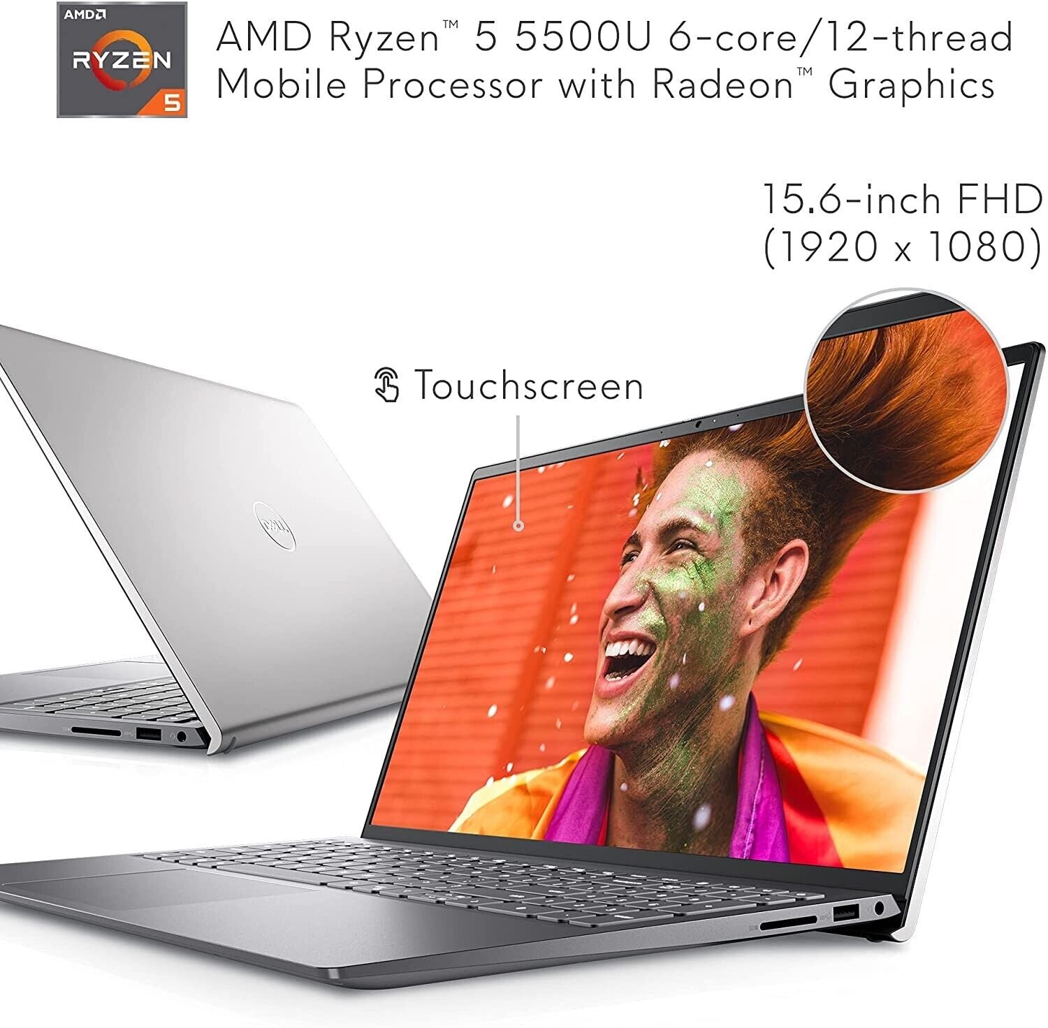 15.6-Inch Touchscreen Laptop - Full HD Display, AMD Ryzen 5 5500U, 8GB DDR4 RAM, 256GB SSD, Windows 11 - Silver V839