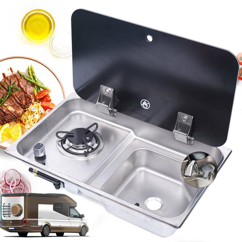 RV Gas Stove 1 Burner With Sink & Faucet Combo w/ Glass Lid A40501