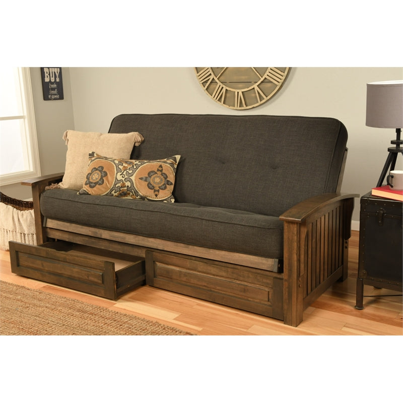 Walnut Futon with Drawers and Linen Gray Mattress Z1322
