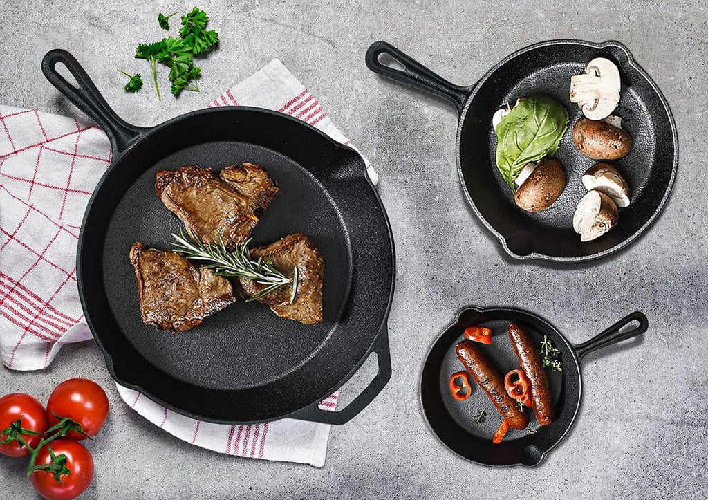 Cast Iron Skillet 3-Pack Set (8, 10, 12) Pre-Seasoned Cookware D17093