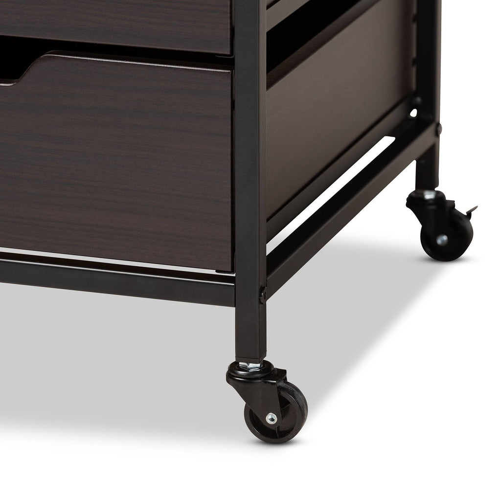 Espresso Wood and Black Metal Mobile File Cabinet 3-Drawer E574255