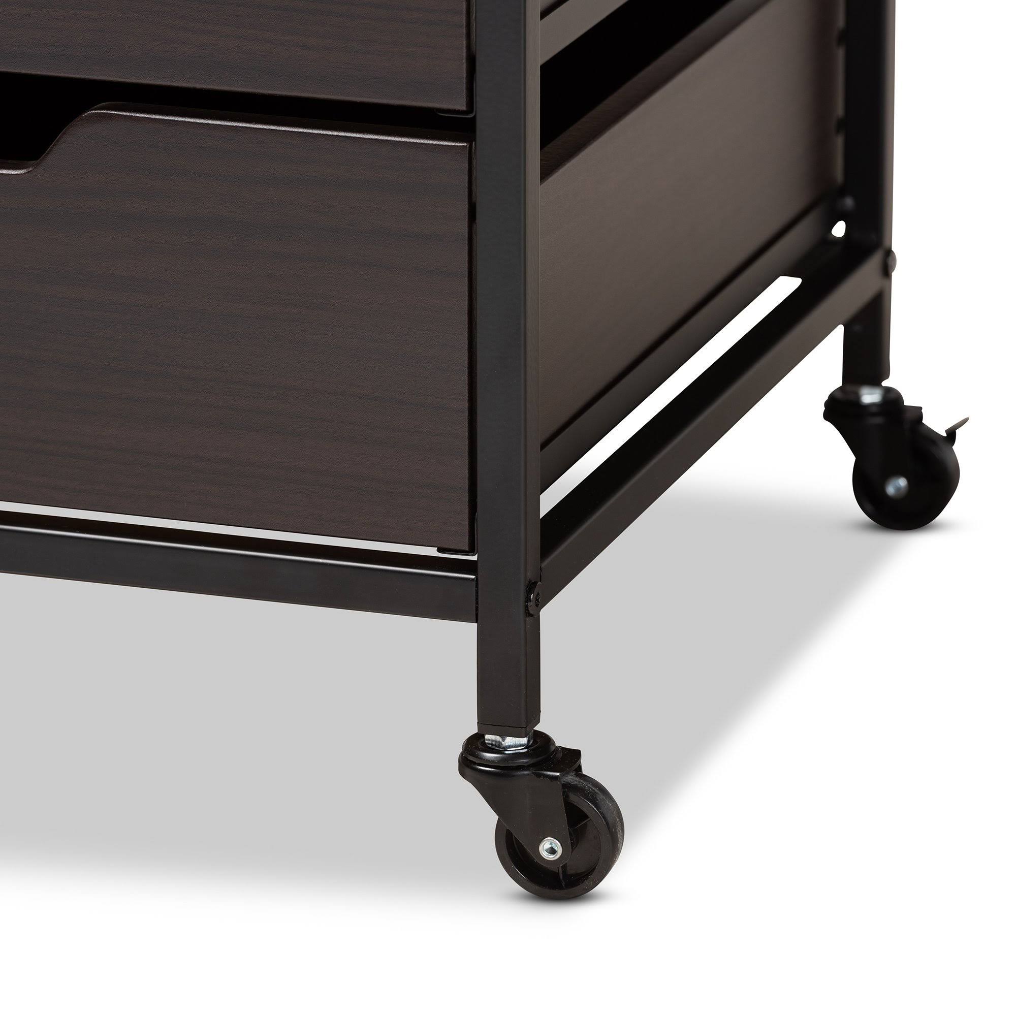 Espresso Wood and Black Metal Mobile File Cabinet 3-Drawer E574255